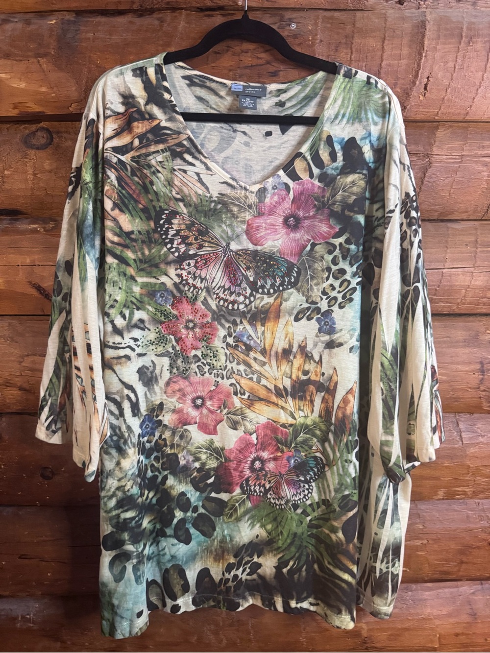 Liz & Me Beige Tropical Floral & Butterfly V-Neck Tunic with Pink Accents